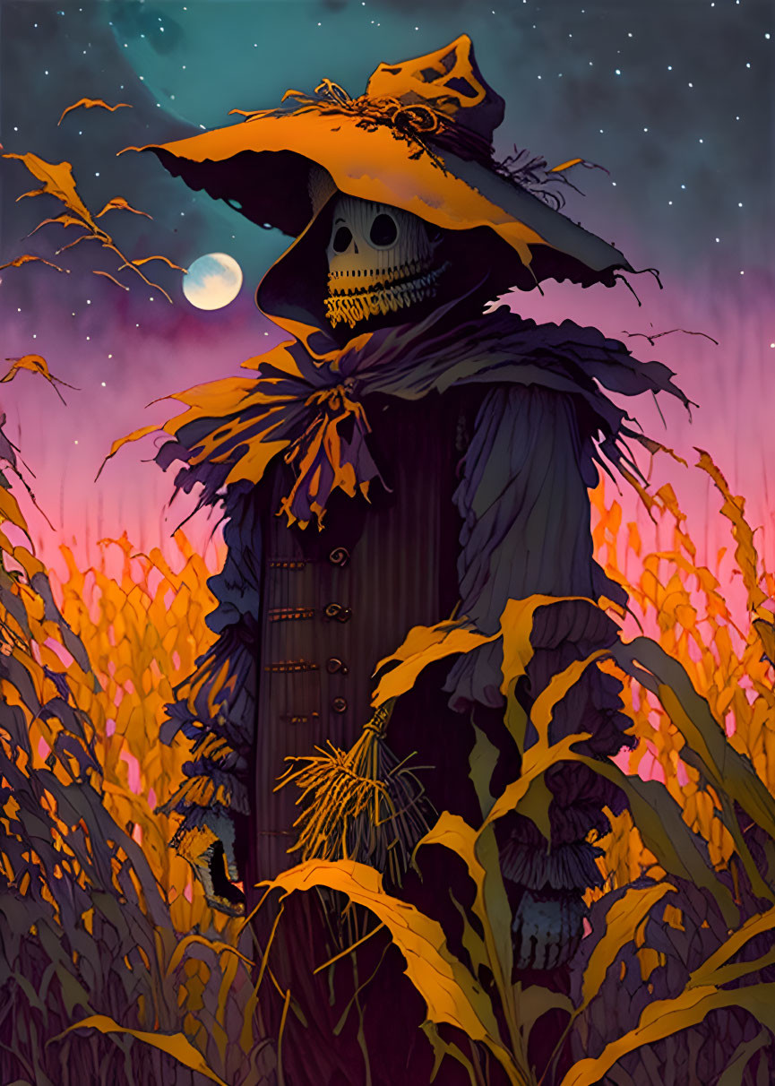 Grinning scarecrow in field under starry night sky