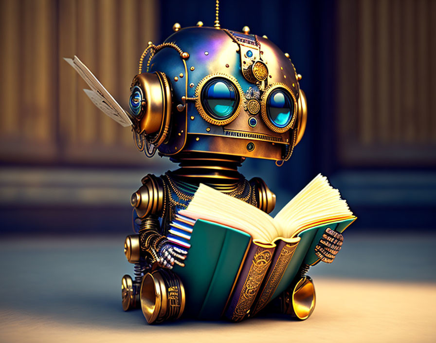 Brass-colored steampunk robot reading an open book with quill against book backdrop