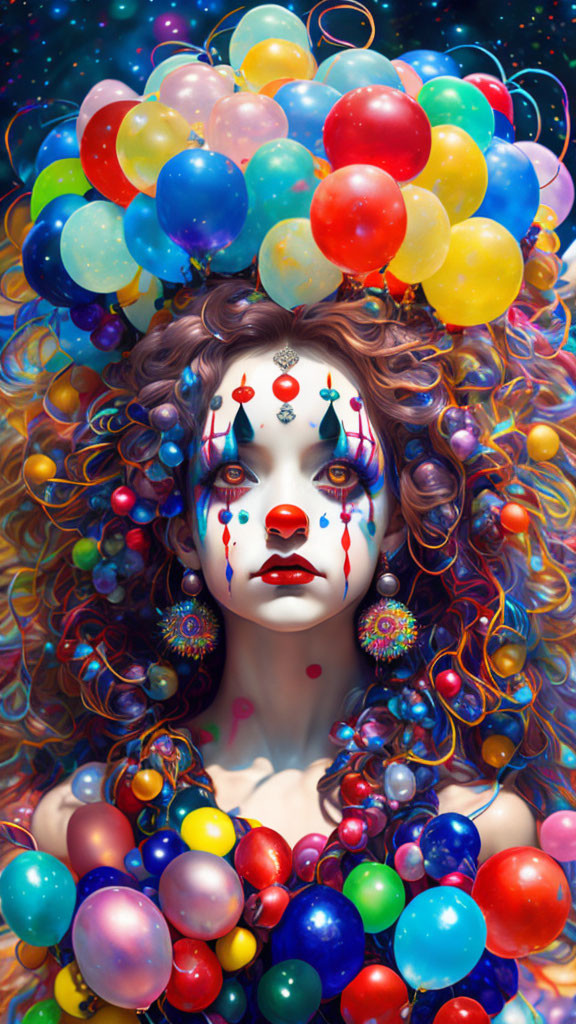 Vibrant makeup woman portrait with balloons and confetti