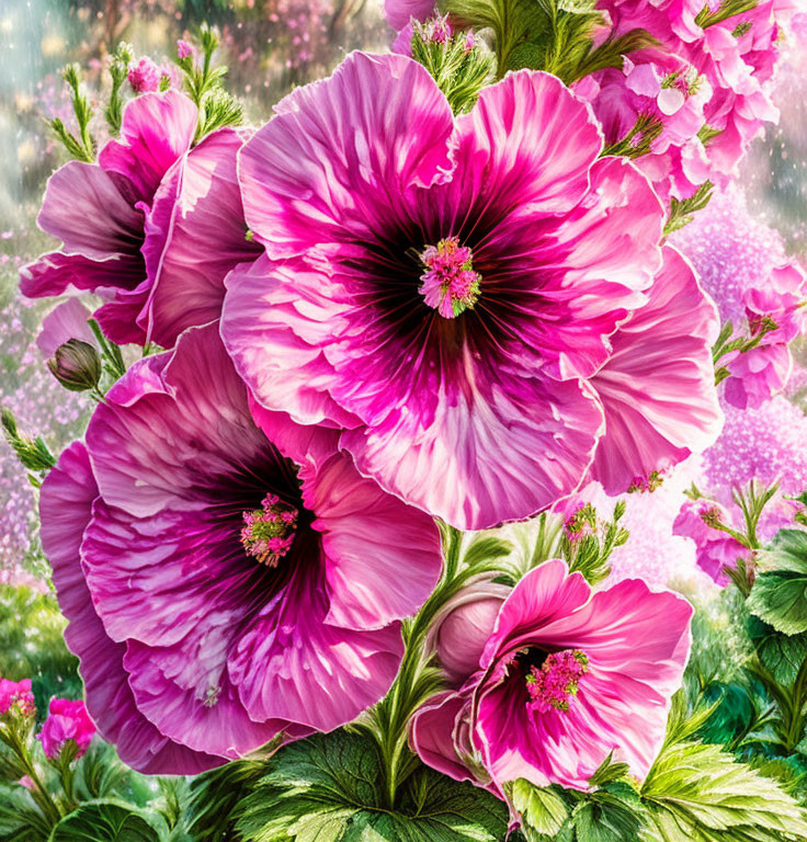 Bright pink hollyhock flowers with yellow stamens and green foliage on soft pink backdrop