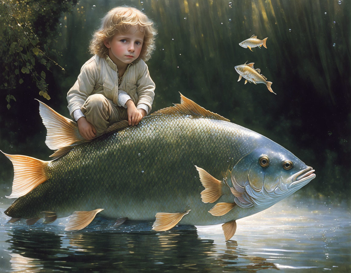 Child riding giant fish underwater with smaller fish and sunlight.