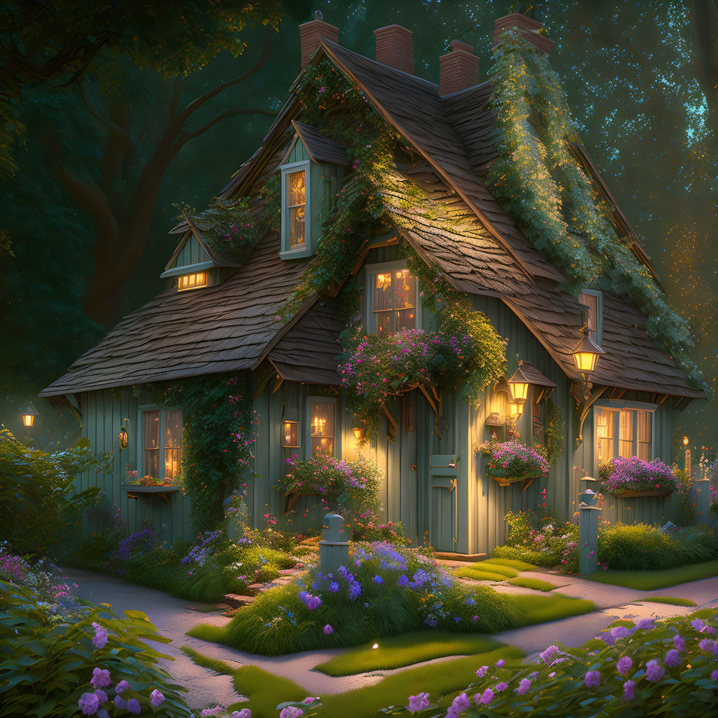 Enchanting cottage with ivy and flowers in twilight forest