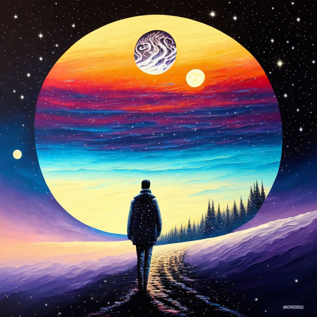 Person in Cosmic Landscape with Moon and Planets at Dawn