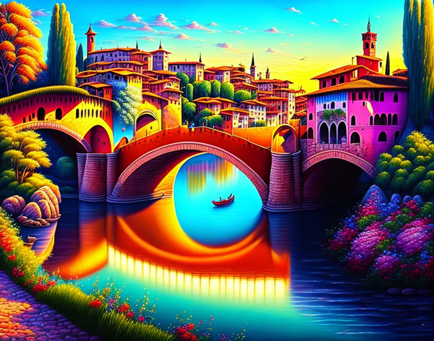 European Riverside Town with Arched Bridges and Colorful Buildings at Sunset