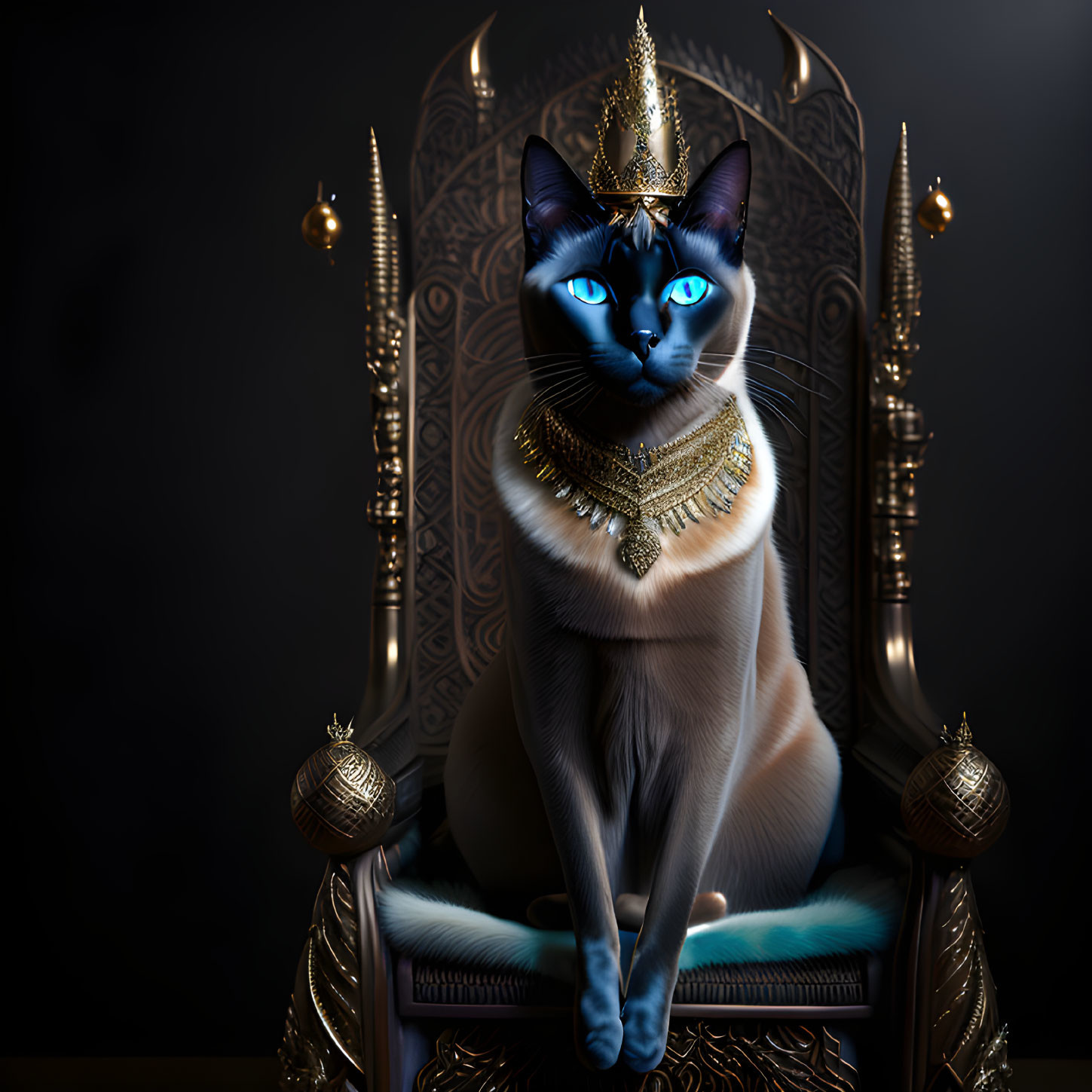 Siamese Cat with Crown and Necklace on Throne