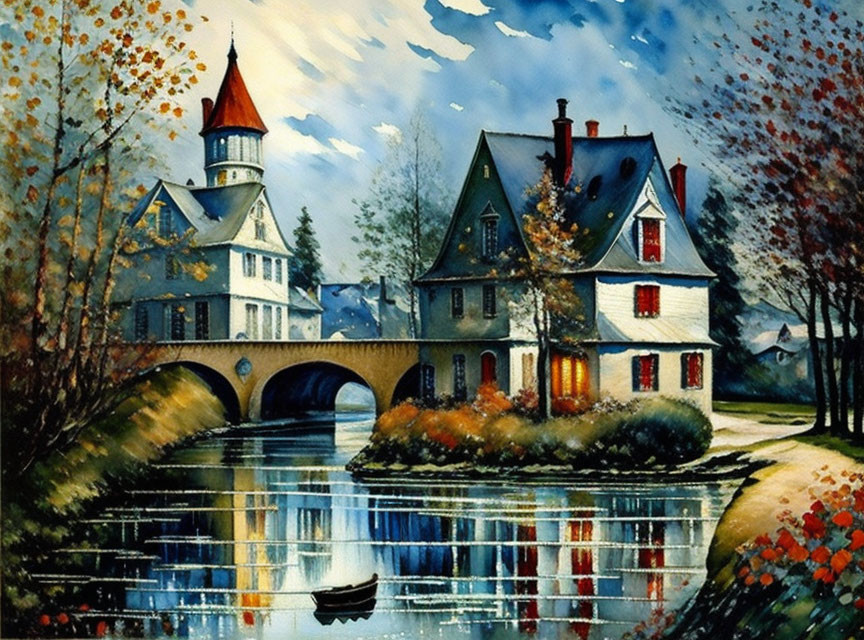 Tranquil village scene with stone bridge, river, autumn trees, and boat