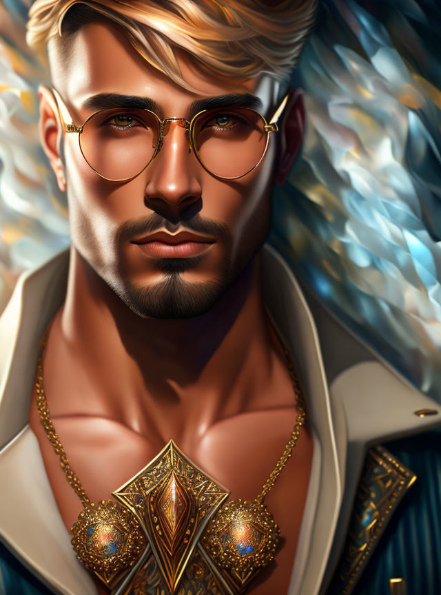 Stylized portrait of a man with beard, glasses, necklace, white jacket