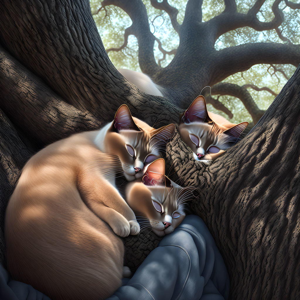 Three cats with cream and brown fur resting in tree crook.