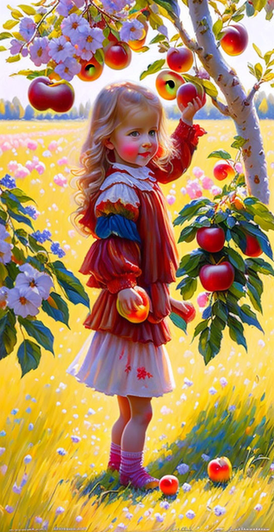 Young girl in red dress picking apples in sunny orchard surrounded by blossoms and fallen fruit