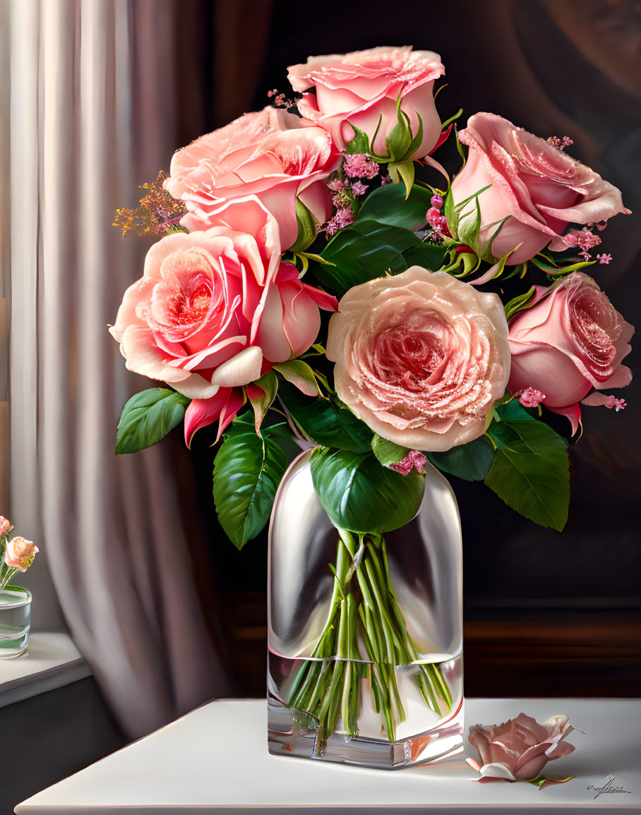 Pink roses bouquet in transparent vase on table with natural light and sheer curtains