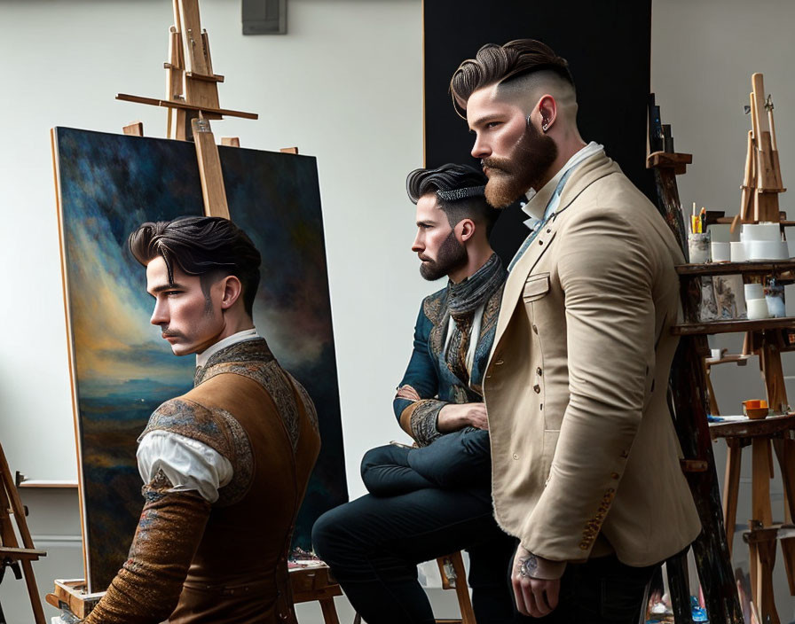 Men in stylish attire with beards in art studio setting.