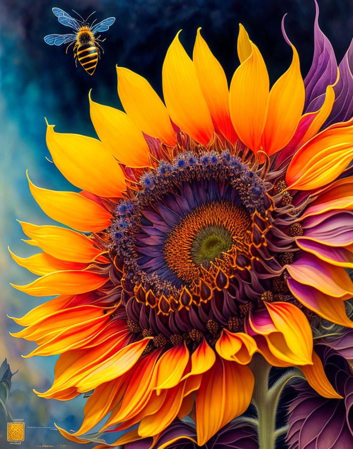 Vibrant Sunflower with Colorful Petals and Bee