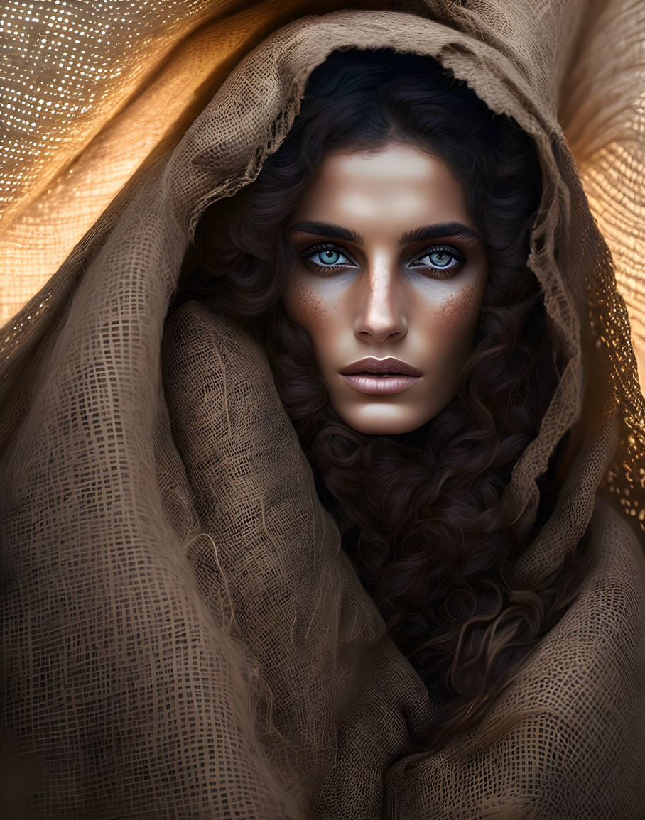 Portrait of Woman with Blue Eyes and Curly Hair in Golden Brown Fabric