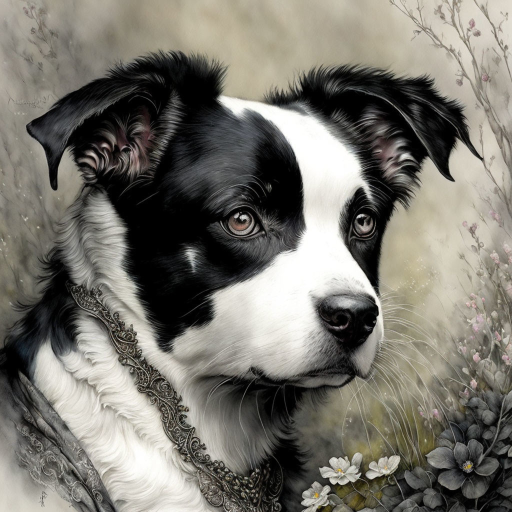 Detailed black and white dog illustration with expressive eyes and fancy collar on muted floral background