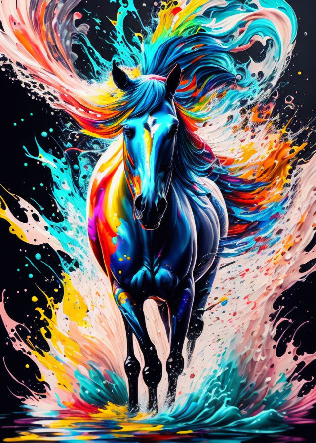 Colorful Horse Artwork with Vibrant Mane on Dark Background