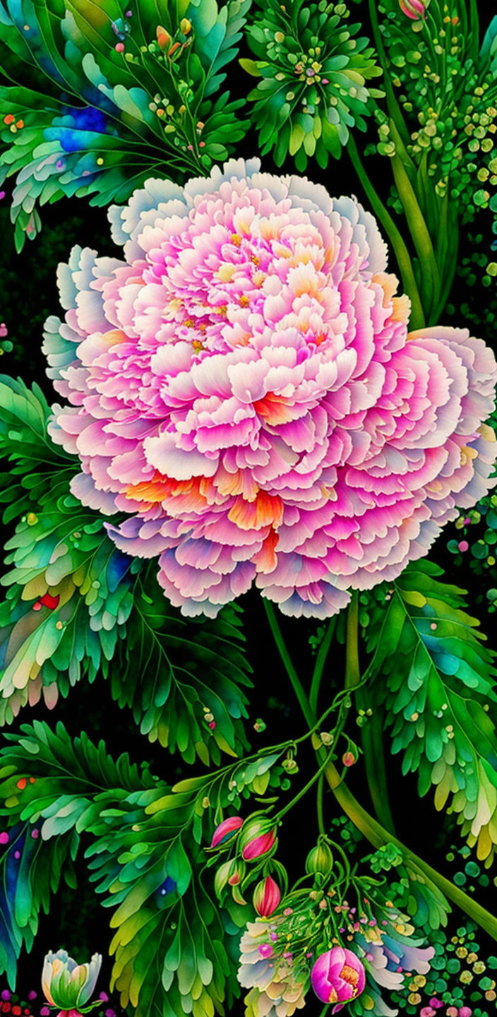 Colorful digital artwork featuring large pink peony and lush green leaves on dark background