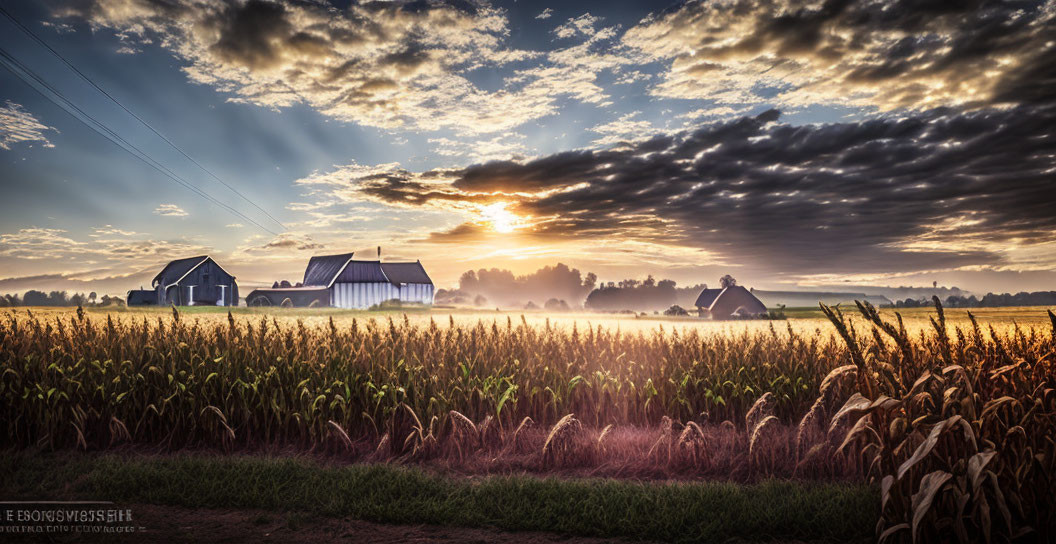 Scenic rural sunrise over farm with barns and cornfield