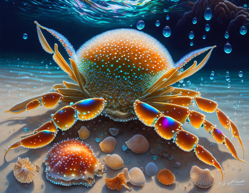 Colorful Crab and Seashells Underwater Scene with Jellyfish