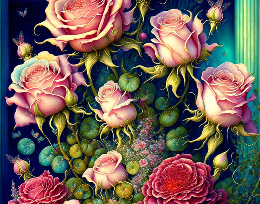 Surreal Artwork of Pink Roses and Butterflies