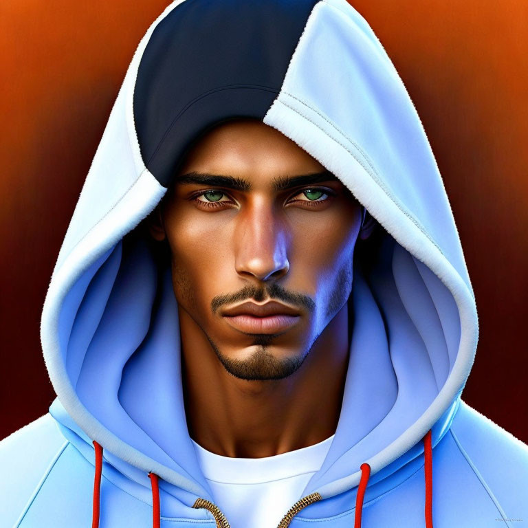 Portrait of a man with green eyes in hoodie and cap on orange backdrop