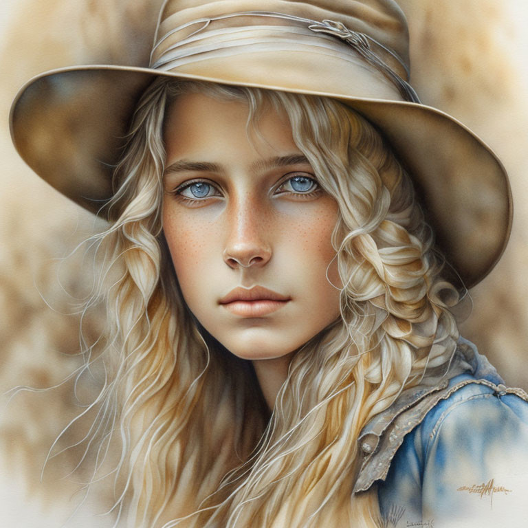 Portrait of girl with blue eyes, curly blonde hair, freckles, hat, intense gaze