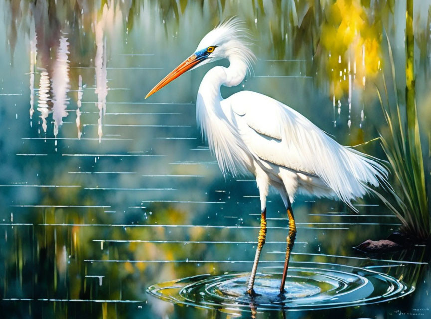 Great Egret in Serene Marshland with Sunlight Filtering Through Foliage