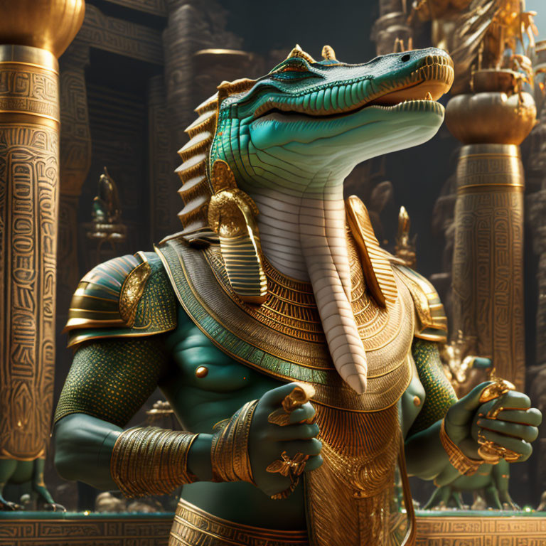 Egyptian-style armor adorned anthropomorphic crocodile near ornate pillars