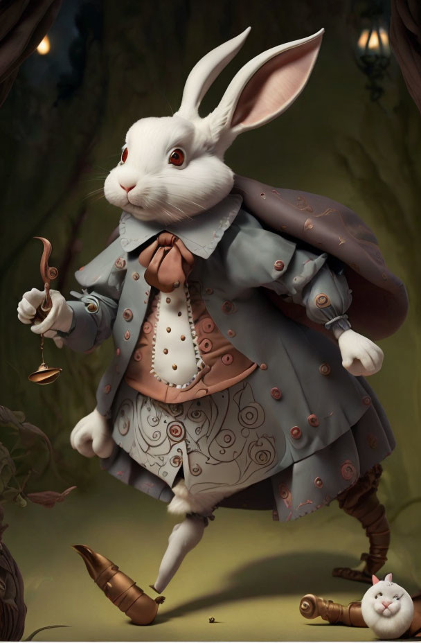 Elegant anthropomorphic rabbit with pocket watch in whimsical setting