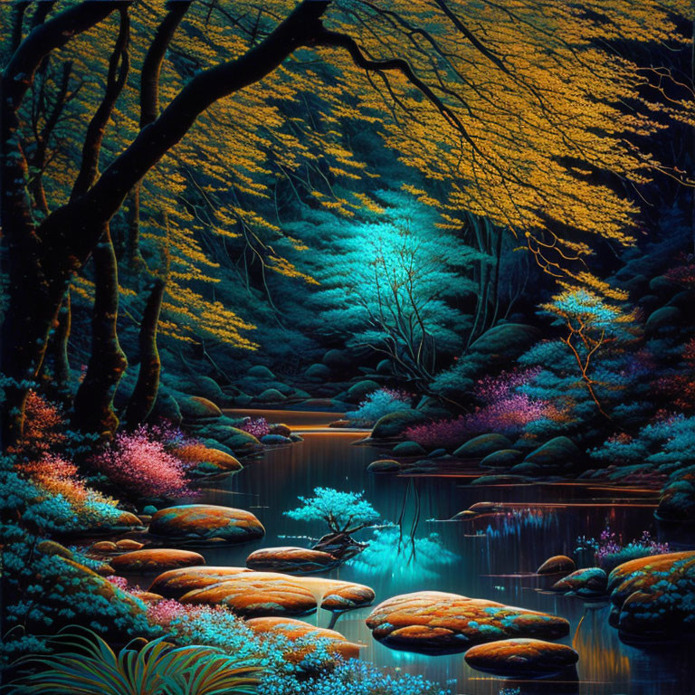 Mystical twilight forest with glowing blue and yellow flora