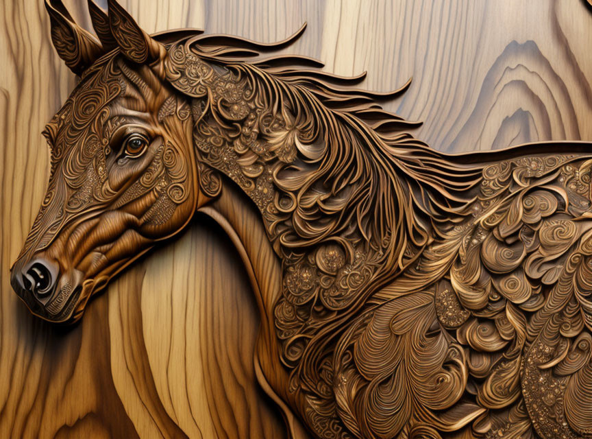 Detailed Wooden Bas-Relief Horse Head Sculpture