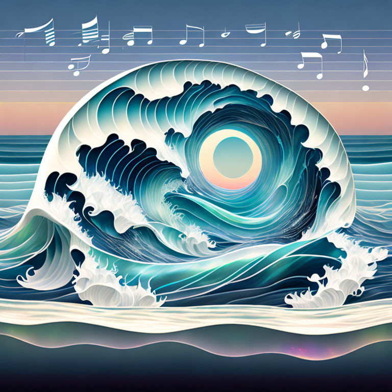 Digital Art: Wave Treble Clef with Music Notes on Pastel Sunset