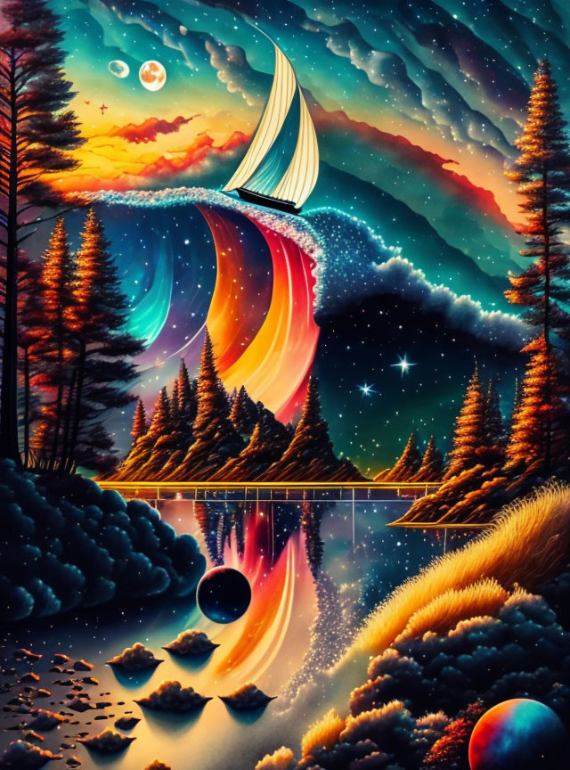 Surreal illustration of boat on cosmic wave under crescent moon