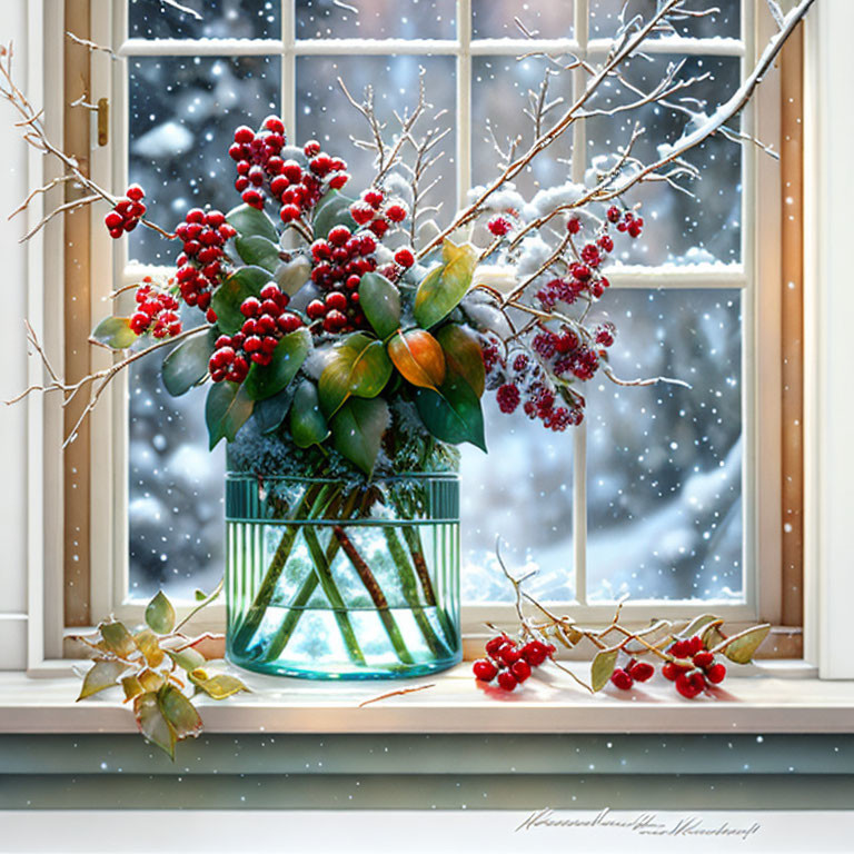 Red berries and green leaves bouquet in glass vase on snowy windowsill