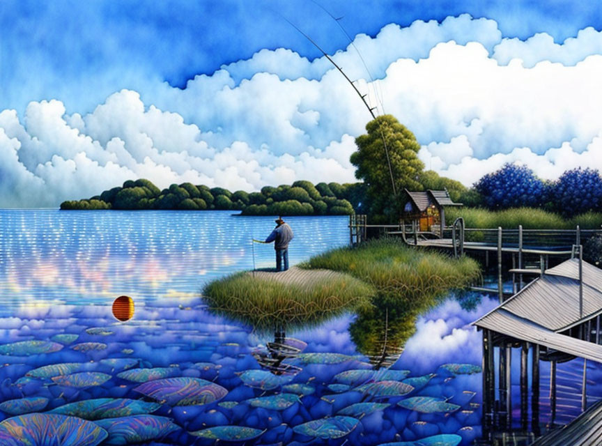 Tranquil lake landscape with fishing person, dock, hut, foliage, and cloudy sky