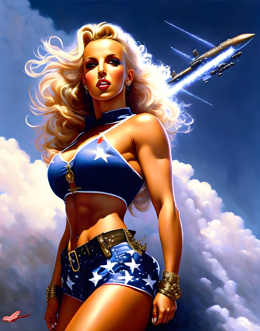 Stylized woman in patriotic outfit with plane backdrop