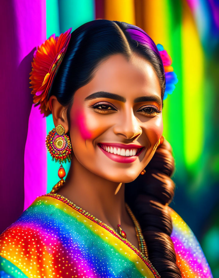 Colorful traditional attire woman with bright smile and ornate earrings on vibrant background