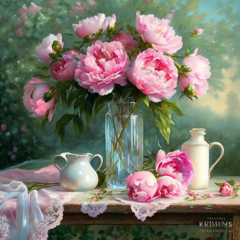 Colorful painting: pink peonies in glass vase with white jug on lace-clothed table