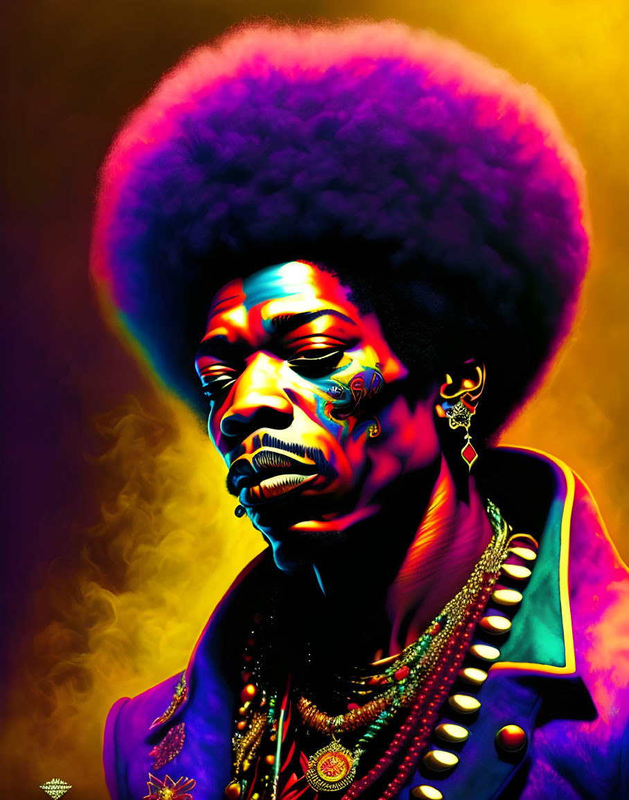 Colorful portrait of man in afro with face paint and 70s attire on vibrant background