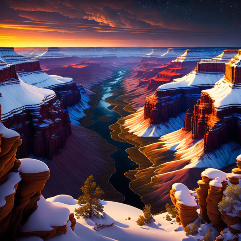 Snow-covered canyon with layered rock formations at vibrant sunset