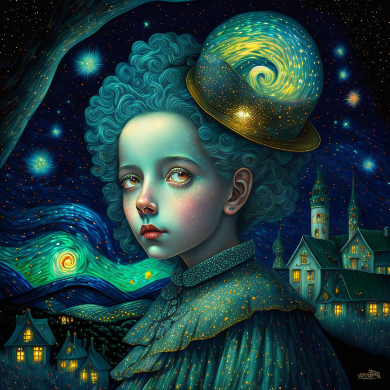 Child portrait with blue hair and night sky hat, galaxy and castle in background