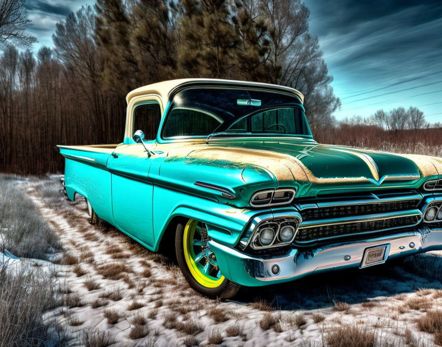 Vintage Turquoise and White Pickup Truck on Snowy Dirt Road