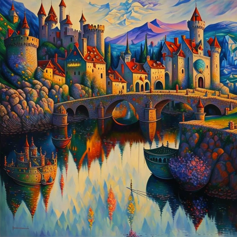 Medieval castle painting with spires, river, boats, bridge & hills