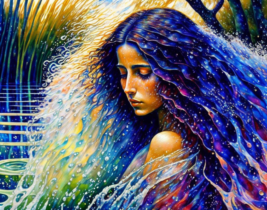 Colorful artwork: Woman with flowing blue hair merging with abstract water and light patterns