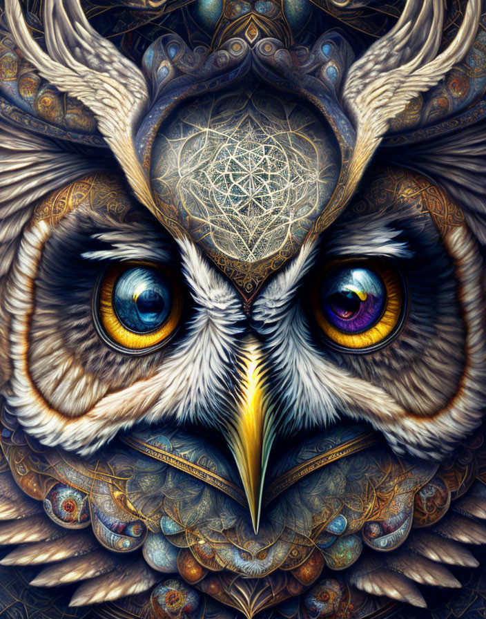 Detailed owl digital artwork with vibrant feathers and multicolored eyes on geometric background