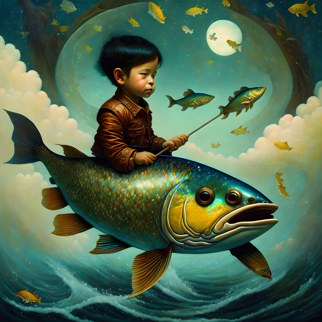 Child on giant fish with fishing rod in surreal underwater scene