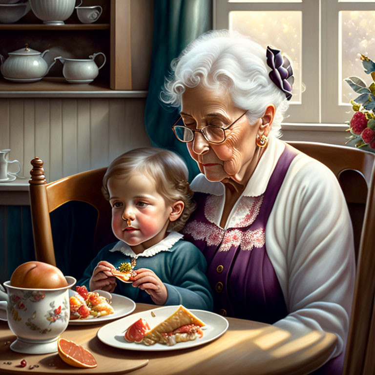 Elderly woman and child share meal at cozy kitchen table