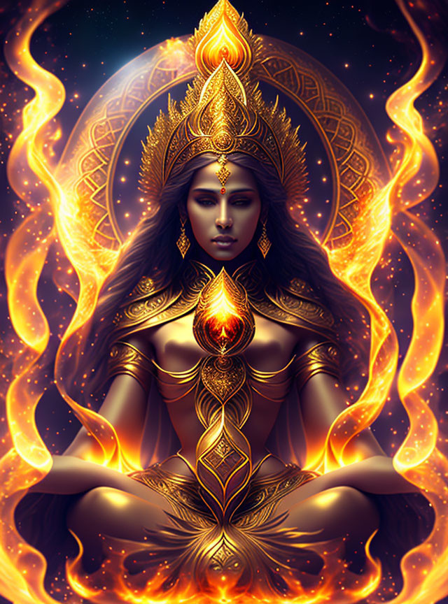 Digital artwork: Woman with fiery aura and crown meditating with flame in hands on cosmic background