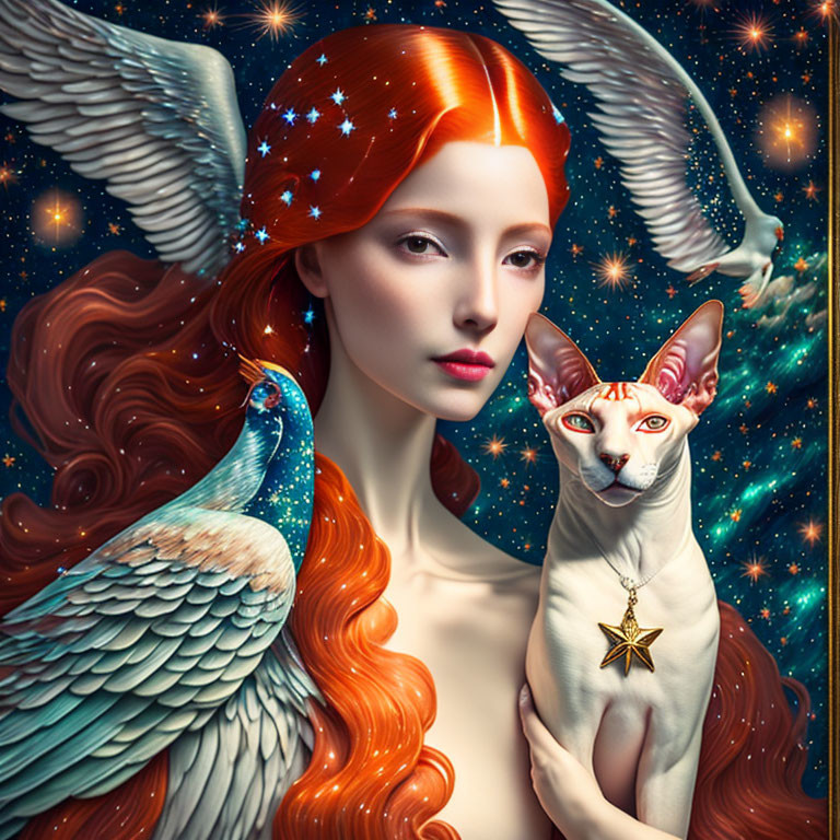 Red-haired woman with starry headscarf, winged creature, Sphinx cat, and cosmic background