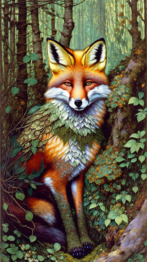 Vivid fox with feather-like fur in mystical forest setting