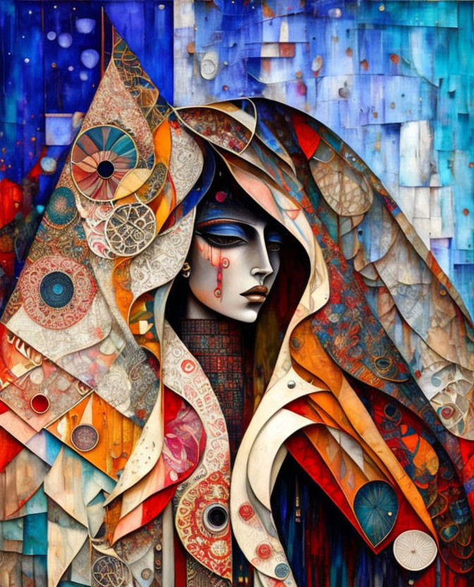 Colorful painting of woman with geometric-patterned hood in warm and cool tones